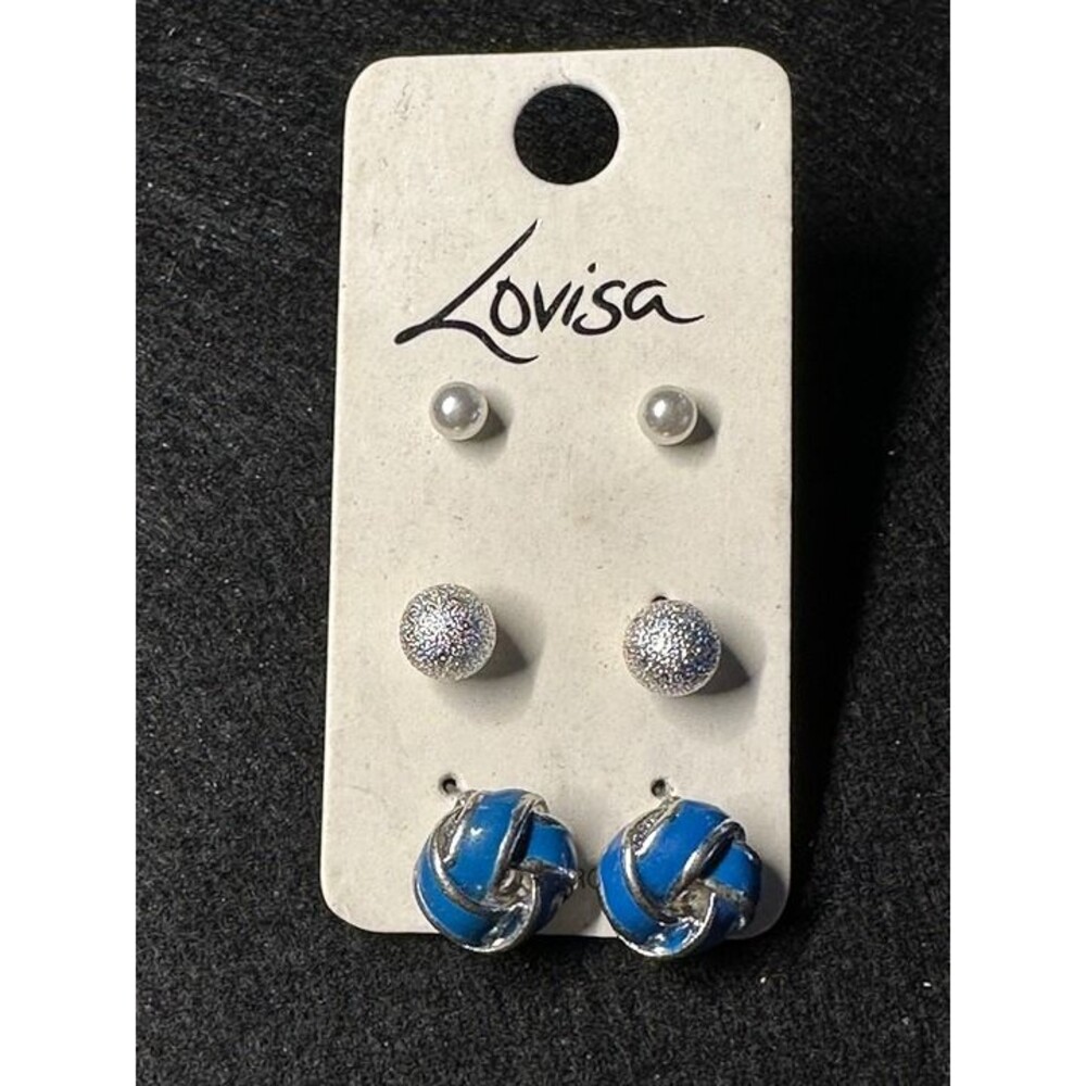 Lovisa 3 Pair Stud Earring Set Pearl Glitter Ball Knot Silver Tone Style New